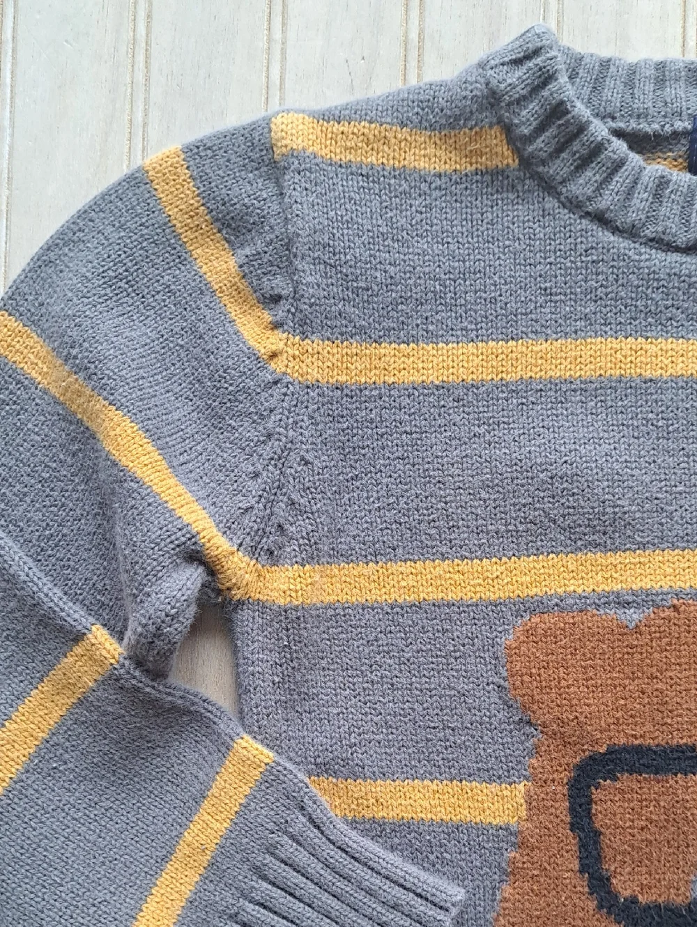 Andy & Evan Bear Intarsia 100% Cotton Knit Sweater Toddler 3T Gray Striped Comfy